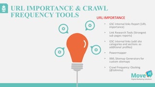 URL IMPORTANCE & CRAWL
FREQUENCY TOOLS
• GSC	
  Internal	
  links	
  Report	
  (URL	
  
importance)
• Link	
  Research	
  Tools	
  (Strongest	
  
sub	
  pages	
  reports)
• GSC	
  Internal	
  links	
  (add	
  site	
  
categories	
  and	
  sections	
  as	
  
additional	
  profiles)
• Powermapper
• XML	
  Sitemap	
  Generators	
  for	
  
custom	
  sitemaps
• Crawl	
  Frequency	
  Clocking	
  
(@Johnmu)
URL	
  IMPORTANCE
 