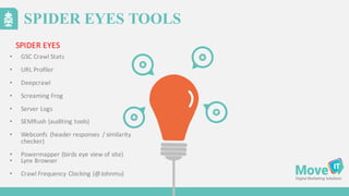 SPIDER EYES TOOLS
• GSC	
  Crawl	
  Stats
• URL	
  Profiler
• Deepcrawl
• Screaming	
  Frog
• Server	
  Logs
• SEMRush (auditing	
  tools)
• Webconfs (header	
  responses	
   /	
  similarity	
  
checker)
• Powermapper (birds	
  eye	
  view	
  of	
  site)
• Lynx	
  Browser
• Crawl	
  Frequency	
  Clocking	
  (@Johnmu)
SPIDER	
  EYES
 