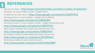 REFERENCES
Internet	
  Live	
  Stats	
  -­‐ http://www.internetlivestats.com/total-­‐number-­‐of-­‐websites/
Scheduler	
  for	
  search	
  engine	
  crawler Google	
  Patent
US	
  8042112	
  B1,	
  (Zhu	
  et	
  al)	
  -­‐ https://www.google.com/patents/US8707313
Managing	
  items	
  in	
  crawl	
  schedule	
  – Google	
  Patent	
  (Alpert)	
  
http://www.google.ch/patents/US8666964
Document	
  reuse	
  in	
  a	
  search	
  engine	
  crawler	
  -­‐ Google	
  Patent	
  (Zhu	
  et	
  al)
https://www.google.com/patents/US8707312
Web	
  crawler	
  scheduler	
  that	
  utilizes	
  sitemaps	
  (Brawer	
  et	
  al)	
  -­‐
http://www.google.com/patents/US8037054
Distributed	
  crawling	
  of	
  hyperlinked	
  documents	
  (Dean	
  et	
  al)	
  -­‐
http://www.google.co.uk/patents/US7305610
Minimizing	
  visibility	
  of	
  stale	
  content	
  (Carver)	
  -­‐
http://www.google.ch/patents/US20130226897
 