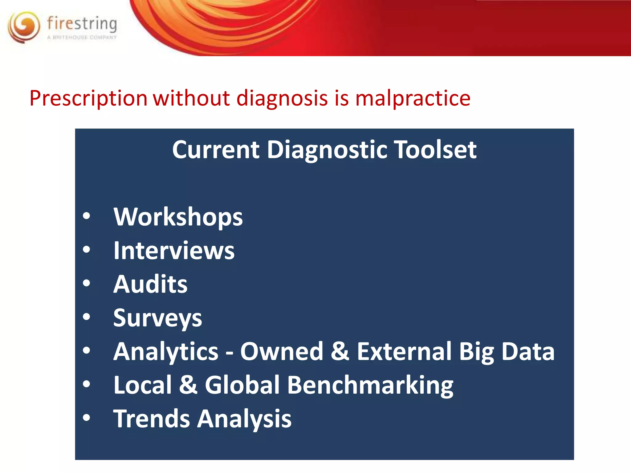 Prescription without diagnosis is malpractice 
Current Diagnostic Toolset 
• Workshops 
• Interviews 
• Audits 
• Surveys 
• Analytics - Owned & External Big Data 
• Local & Global Benchmarking 
• Trends Analysis 
 