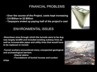 FINANCIAL PROBLEMS- Over the course of the Project, costs kept increasing- 2.6 Billion to 22 Billion- Taxpayers ended up paying half of the project’s costENVIRONMENTAL ISSUES-Downtown area through which the tunnels were to be dug was largely landfill and included existing subway lines as well as innumerable pipes and utility lines that would have to be replaced or moved.-Tunnel workers encountered many unexpected geological and archaeological barriers -Glacial debris	-Foundations of buried houses and sunken ships
