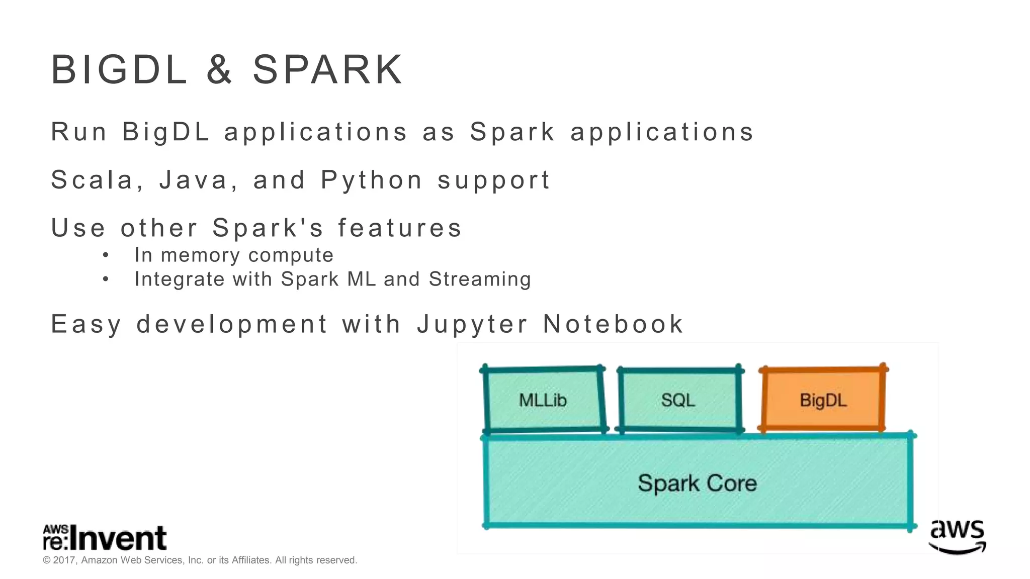© 2017, Amazon Web Services, Inc. or its Affiliates. All rights reserved. BIGDL & SPARK R u n B i g D L a p p l i c a t i o n s a s S p a r k a p p l i c a t i o n s S c a l a , J a v a , a n d P y t h o n s u p p o r t U s e o t h e r S p a r k ' s f e a t u r e s • In memory compute • Integrate with Spark ML and Streaming E a s y d e v e l o p m e n t wi t h J u p y t e r N o t e b o o k 