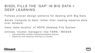 © 2017, Amazon Web Services, Inc. or its Affiliates. All rights reserved.
BIGDL FILLS THE 'GAP' IN BIG DATA +
DEEP LEARNING
F o l l o ws p r o v e n d e s i g n p a t t e r n s f o r d e a l i n g wi t h B i g D a t a
S e n d s ' c o m p u t e t o d a t a ' r a t h e r t h a n r e a d i n g m a s s i v e d a t a
o v e r n e t wo r k .
U s e s ' d a t a l o c a l i t y ' o f H D F S ( H a d o o p F i l e S y s t e m
U t i l i z e s ' c l u s t e r m a n a g e r s ' l i k e YA R N / M E S O S
• Automatically handles hardware/software failures
• Elasticity and resource sharing in a cluster
 