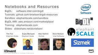 © 2017, Amazon Web Services, Inc. or its Affiliates. All rights reserved.
Notebooks and Resources
BigDL: software.intel.com/bigdl
Tutorials: github.com/dnielsen/bigdl-resources
Sandbox: elephantscale.com/sandbox
BigDL AMI: aws.amazon.com/marketplace/
Training: elephantscale.com
Slides: slideshare.net/dcnielsen/
Tim Fox Sujee Maniyam Alex Kalinin Dave Nielsen
Elephant Scale Elephant Scale Sizmek Intel Software
 