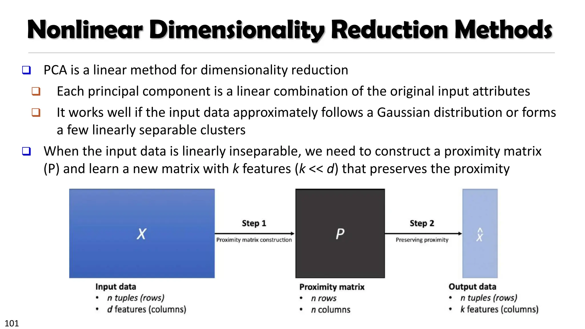 101
Nonlinear Dimensionality Reduction Methods
❑ PCA is a linear method for dimensionality reduction
❑ Each principal component is a linear combination of the original input attributes
❑ It works well if the input data approximately follows a Gaussian distribution or forms
a few linearly separable clusters
❑ When the input data is linearly inseparable, we need to construct a proximity matrix
(P) and learn a new matrix with k features (k << d) that preserves the proximity
 