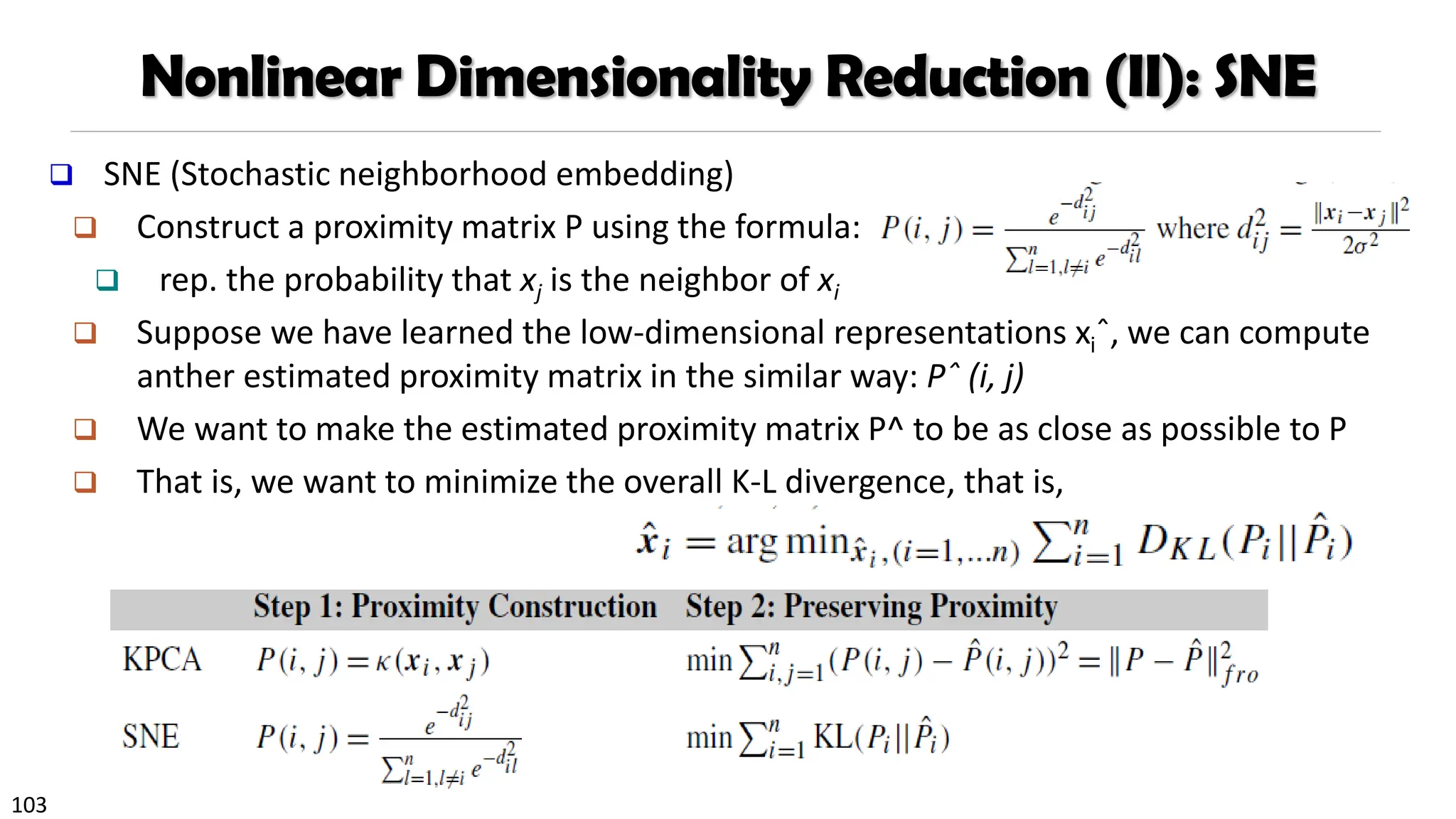 103
Nonlinear Dimensionality Reduction (II): SNE
❑ SNE (Stochastic neighborhood embedding)
❑ Construct a proximity matrix P using the formula:
❑ rep. the probability that xj is the neighbor of xi
❑ Suppose we have learned the low-dimensional representations xiˆ, we can compute
anther estimated proximity matrix in the similar way: Pˆ (i, j)
❑ We want to make the estimated proximity matrix P^ to be as close as possible to P
❑ That is, we want to minimize the overall K-L divergence, that is,
 