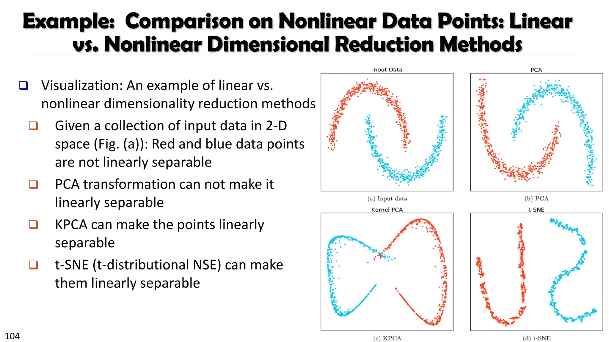 104
Example: Comparison on Nonlinear Data Points: Linear
vs. Nonlinear Dimensional Reduction Methods
❑ Visualization: An example of linear vs.
nonlinear dimensionality reduction methods
❑ Given a collection of input data in 2-D
space (Fig. (a)): Red and blue data points
are not linearly separable
❑ PCA transformation can not make it
linearly separable
❑ KPCA can make the points linearly
separable
❑ t-SNE (t-distributional NSE) can make
them linearly separable
 
