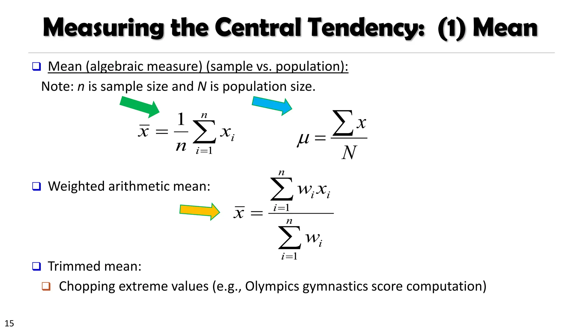15
Measuring the Central Tendency: (1) Mean
❑ Mean (algebraic measure) (sample vs. population):
Note: n is sample size and N is population size.
❑ Weighted arithmetic mean:
❑ Trimmed mean:
❑ Chopping extreme values (e.g., Olympics gymnastics score computation)

=
=
n
i
i
x
n
x
1
1


=
=
= n
i
i
n
i
i
i
w
x
w
x
1
1
N
x

=

 
