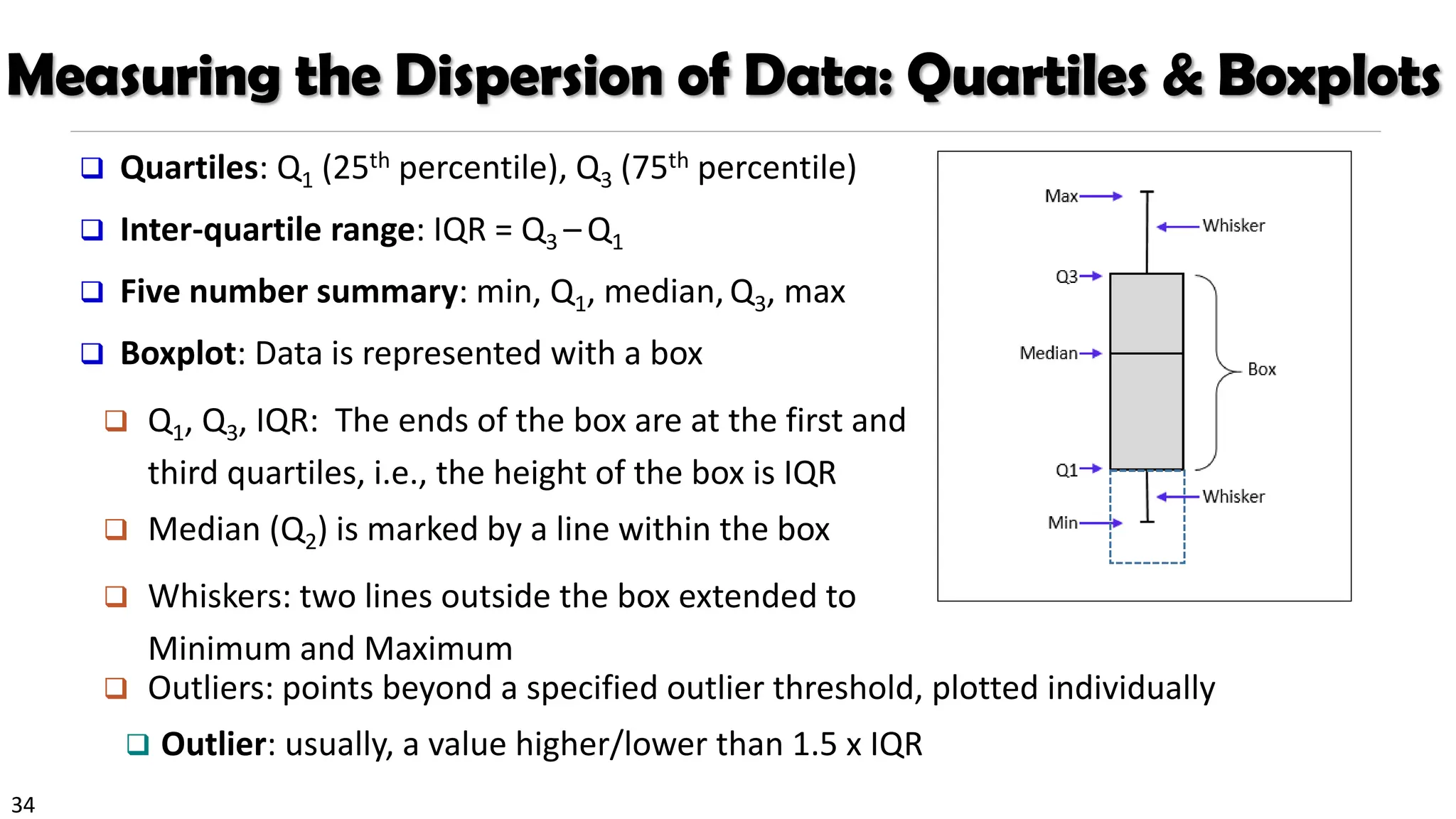 34
Measuring the Dispersion of Data: Quartiles & Boxplots
❑ Quartiles: Q1 (25th percentile), Q3 (75th percentile)
❑ Inter-quartile range: IQR = Q3 – Q1
❑ Five number summary: min, Q1, median, Q3, max
❑ Boxplot: Data is represented with a box
❑ Q1, Q3, IQR: The ends of the box are at the first and
third quartiles, i.e., the height of the box is IQR
❑ Median (Q2) is marked by a line within the box
❑ Whiskers: two lines outside the box extended to
Minimum and Maximum
❑ Outliers: points beyond a specified outlier threshold, plotted individually
❑ Outlier: usually, a value higher/lower than 1.5 x IQR
 