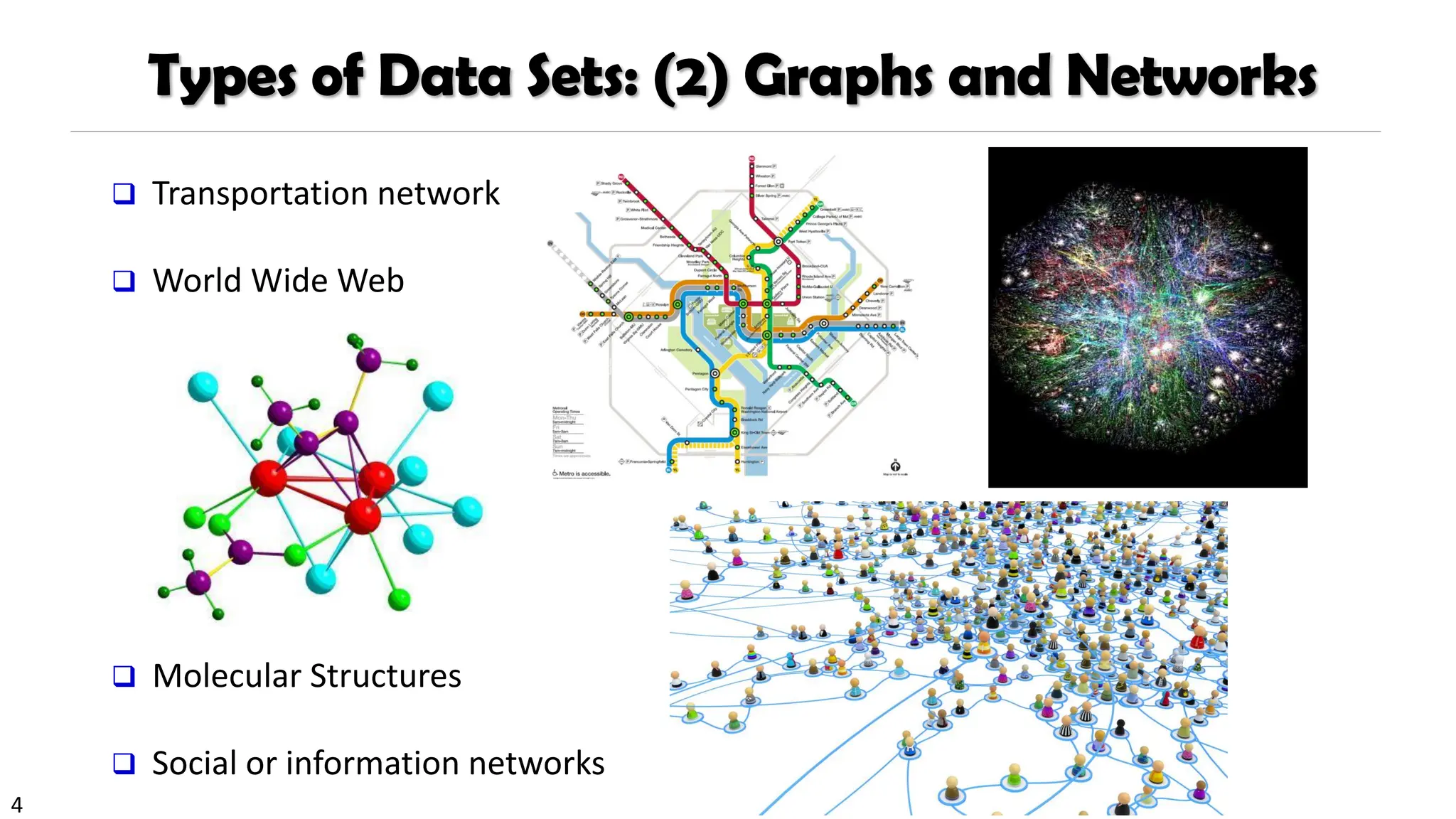 4
Types of Data Sets: (2) Graphs and Networks
❑ Transportation network
❑ World Wide Web
❑ Molecular Structures
❑ Social or information networks
 