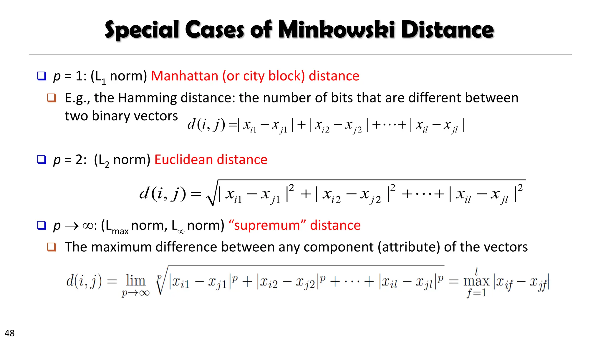 48
Special Cases of Minkowski Distance
❑ p = 1: (L1 norm) Manhattan (or city block) distance
❑ E.g., the Hamming distance: the number of bits that are different between
two binary vectors
❑ p = 2: (L2 norm) Euclidean distance
❑ p → : (Lmax norm, L norm) “supremum” distance
❑ The maximum difference between any component (attribute) of the vectors
1 1 2 2
( , ) | | | | | |
i j i j il jl
d i j x x x x x x
= − + − + + −
2 2 2
1 1 2 2
( , ) | | | | | |
i j i j il jl
d i j x x x x x x
= − + − + + −
 