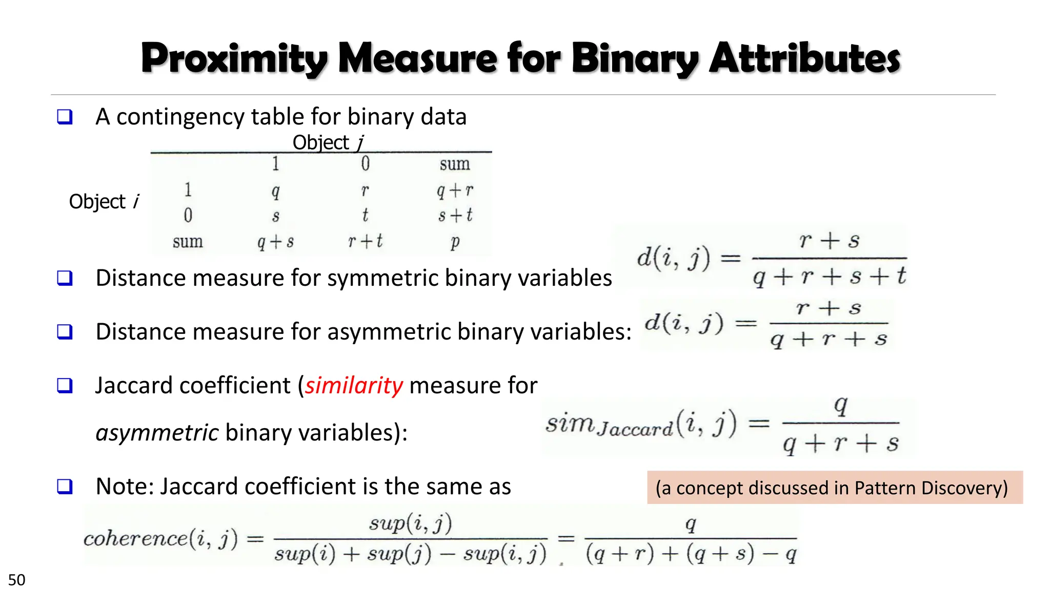 50
Proximity Measure for Binary Attributes
❑ A contingency table for binary data
❑ Distance measure for symmetric binary variables:
❑ Distance measure for asymmetric binary variables:
❑ Jaccard coefficient (similarity measure for
asymmetric binary variables):
❑ Note: Jaccard coefficient is the same as
“coherence”:
Object i
Object j
(a concept discussed in Pattern Discovery)
 