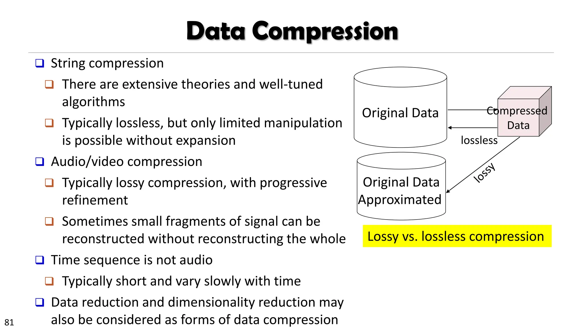81
Data Compression
❑ String compression
❑ There are extensive theories and well-tuned
algorithms
❑ Typically lossless, but only limited manipulation
is possible without expansion
❑ Audio/video compression
❑ Typically lossy compression, with progressive
refinement
❑ Sometimes small fragments of signal can be
reconstructed without reconstructing the whole
❑ Time sequence is not audio
❑ Typically short and vary slowly with time
❑ Data reduction and dimensionality reduction may
also be considered as forms of data compression
Original Data Compressed
Data
lossless
Original Data
Approximated
Lossy vs. lossless compression
 