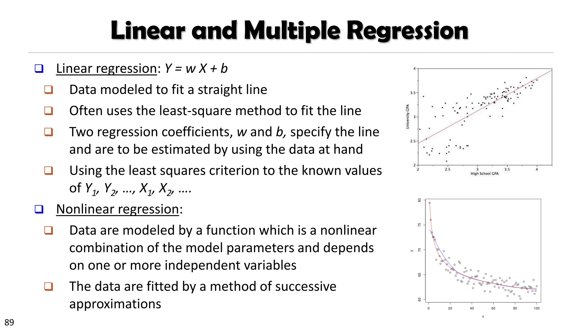 89
❑ Linear regression: Y = w X + b
❑ Data modeled to fit a straight line
❑ Often uses the least-square method to fit the line
❑ Two regression coefficients, w and b, specify the line
and are to be estimated by using the data at hand
❑ Using the least squares criterion to the known values
of Y1, Y2, …, X1, X2, ….
❑ Nonlinear regression:
❑ Data are modeled by a function which is a nonlinear
combination of the model parameters and depends
on one or more independent variables
❑ The data are fitted by a method of successive
approximations
Linear and Multiple Regression
 