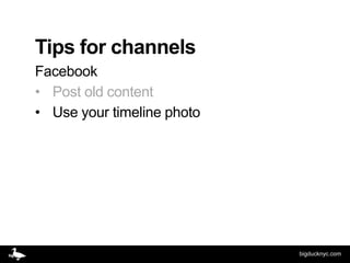 Tips for channels
Facebook
• Post old content
• Use your timeline photo




                            bigducknyc.com
 