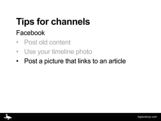 Tips for channels
Facebook
• Post old content
• Use your timeline photo
• Post a picture that links to an article




                                            bigducknyc.com
 