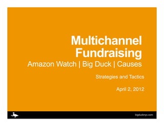 Multichannel
            Fundraising
Amazon Watch | Big Duck | Causes
                   Strategies and Tactics

                            April 2, 2012!




                                    bigducknyc.com
 