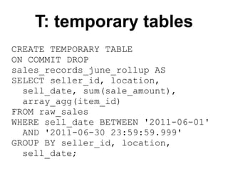 T: temporary tables
CREATE TEMPORARY TABLE
ON COMMIT DROP
sales_records_june_rollup AS
SELECT seller_id, location,
  sell_date, sum(sale_amount),
  array_agg(item_id)
FROM raw_sales
WHERE sell_date BETWEEN '2011-06-01'
  AND '2011-06-30 23:59:59.999'
GROUP BY seller_id, location,
  sell_date;
 