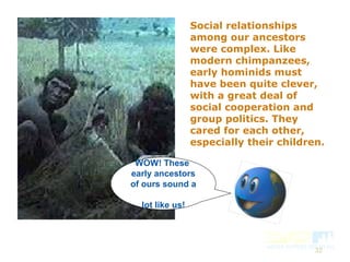 32
Social relationships
among our ancestors
were complex. Like
modern chimpanzees,
early hominids must
have been quite clever,
with a great deal of
social cooperation and
group politics. They
cared for each other,
especially their children.
WOW! These
early ancestors
of ours sound a
lot like us!
 