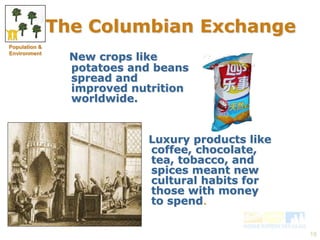 18 
The Columbian Exchange 
New crops like 
potatoes and beans 
spread and 
improved nutrition 
worldwide. 
Luxury products like 
coffee, chocolate, 
tea, tobacco, and 
spices meant new 
cultural habits for 
those with money 
to spend. 
Population & 
Environment 
 