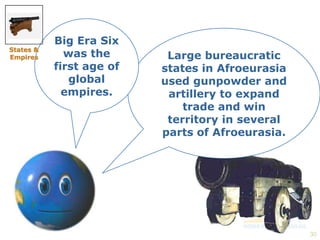 30 
Large bureaucratic 
states in Afroeurasia 
used gunpowder and 
artillery to expand 
trade and win 
territory in several 
parts of Afroeurasia. 
Big Era Six 
was the 
first age of 
global 
empires. 
States & 
Empires 
 