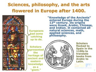5 
Sciences, philosophy, and the arts 
flowered in Europe after 1400. 
“Knowledge of the Ancients” 
entered Europe during the 
12th century. Its origins 
were Greek, Arabic, Chinese, 
and Indian. It contained all 
natural sciences, math, 
applied sciences, and 
philosophy. 
Scholars 
flocked to 
Spain in the 
1100s to 
translate 
books from 
Arabic to 
Latin. 
Europeans 
had some 
catching 
up to do. 
Scholars 
represented 
the 
heritage of 
ancient and 
eastern 
knowledge 
as a 
“giant.” 
 