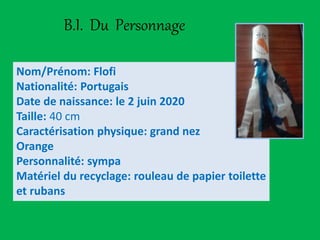 B.I. Du Personnage
Nom/Prénom: Flofi
Nationalité: Portugais
Date de naissance: le 2 juin 2020
Taille: 40 cm
Caractérisation physique: grand nez
Orange
Personnalité: sympa
Matériel du recyclage: rouleau de papier toilette
et rubans
 