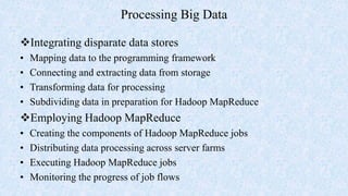Processing Big Data
Integrating disparate data stores
• Mapping data to the programming framework
• Connecting and extracting data from storage
• Transforming data for processing
• Subdividing data in preparation for Hadoop MapReduce
Employing Hadoop MapReduce
• Creating the components of Hadoop MapReduce jobs
• Distributing data processing across server farms
• Executing Hadoop MapReduce jobs
• Monitoring the progress of job flows
 