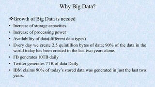 Why Big Data?
Growth of Big Data is needed
• Increase of storage capacities
• Increase of processing power
• Availability of data(different data types)
• Every day we create 2.5 quintillion bytes of data; 90% of the data in the
world today has been created in the last two years alone.
• FB generates 10TB daily
• Twitter generates 7TB of data Daily
• IBM claims 90% of today’s stored data was generated in just the last two
years.
 