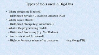Types of tools used in Big-Data
• Where processing is hosted?
– Distributed Servers / Cloud (e.g. Amazon EC2)
• Where data is stored?
– Distributed Storage (e.g. Amazon S3)
• What is the programming model?
– Distributed Processing (e.g. MapReduce)
• How data is stored & indexed?
– High-performance schema-free databases (e.g.MongoDB)
 