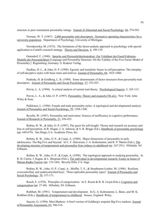 54

structure in peer nomination personality ratings. Journal of Abnormal and Social Psychology, 66, 574-583.

        Norman, W. T. (1967). 2,800 personality trait descriptors: Normative operating characteristics for a
university population. Department of Psychology, University of Michigan.

         Nowakowska, M. (1973). The limitations of the factor-analytic approach to psychology with special
application to Cattell's research strategy. Theory and Decision, 4, 109-139.

        Ostendorf, F. (1990). Sprache und Persoenlichkeitsstruktur: Zur Validitaet des Fuenf-Faktoren-
Modells der Persoenlichkeit [Language and Personality Structure: On the Validity of the Five Factor Model of
Personality.] Regensburg, Germany: S. Roderer Verlag.

         Paulhus, D. L., & John, O. P. (1998). Egoistic and moralistic biases in self-perception: The interplay
of self-deceptive styles with basic traits and motives. Journal of Personality, 66, 1025-1060.

        Peabody, D. & Goldberg, L. R. (1989). Some determinants of factor structures from personality-trait
descriptors. Journal of Personality and Social Psychology, 57, 552-567.

        Pervin, L. A. (1994). A critical analysis of current trait theory. Psychological Inquiry, 5, 103-113.

       Pervin, L. A., & John, O. P. (1997). Personality: Theory and research (7th ed.). New York: John
Wiley & Sons.

        Pulkkinen, L. (1996). Female and male personality styles: A typological and developmental analysis.
Journal of Personality and Social Psychology, 70, 1288-1306.

        Revelle, W. (1987). Personality and motivation: Sources of inefficiency in cognitive performance.
Journal of Research in Personality, 21, 436-452.

         Robins, R. W., & John, O. P. (1997). The quest for self-insight: Theory and research on accuracy and
bias in self-perception. In R. Hogan, J. A. Johnson, & S. R. Briggs (Ed.), Handbook of personality psychology
(pp. 649-679). San Diego, CA: Academic Press, Inc.

        Robins, R. W., John, O. P., & Caspi, A. (1994). Major dimensions of personality in early
adolescence: The Big Five and beyond. In C. F. Halverson, J. A. Kohnstamm, and R. P. Martin (Eds.), The
developing structure of temperament and personality from infancy to adulthood (pp. 267-291). Hillsdale, NJ:
Erlbaum.

        Robins, R. W., John, O. P., & Caspi, A. (1998). The typological approach to studying personality. In
R. B. Cairns, J. Kagan, & L. Bergman (Eds.), The individual in developmental research: Essays in honor of
Marian Radke-Yarrow (pp. 135-160). Beverly Hills, CA: Sage

        Robins, R. W., John, O. P., Caspi, A., Moffitt, T. E., & Stouthamer-Loeber, M. (1996). Resilient,
overcontrolled, and undercontrolled boys: Three replicable personality types? Journal of Personality and
Social Psychology, 70, 157-171.

        Rosch, E. (1978). Principles of categorization. In E. Rosch & B. B. Lloyd (Eds.), Cognition and
categorization (pp. 27-48). Hillsdale, NJ: Erlbaum.

       Rothbart, M. (1991). Temperament and development. In G. A. Kohnstamm, L. Bates, and M. K.
Rothbart (Eds.), Handbook of temperament in childhood. Sussex, England: Wiley.

        Saucier, G. (1994). Mini-Markers: A brief version of Goldberg's unipolar Big-Five markers. Journal
of Personality Assessment, 63, 506-516.
 