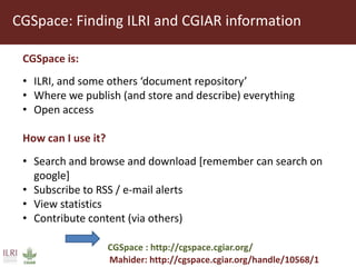 Introduction to ILRI’s ‘big five’ knowledge sharing and communication tools