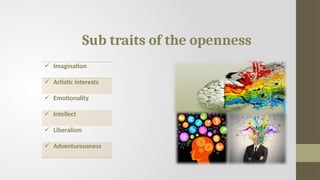 Sub traits of the openness
 Imagination
 Artistic interests
 Emotionality
 Intellect
 Liberalism
 Adventurousness
 