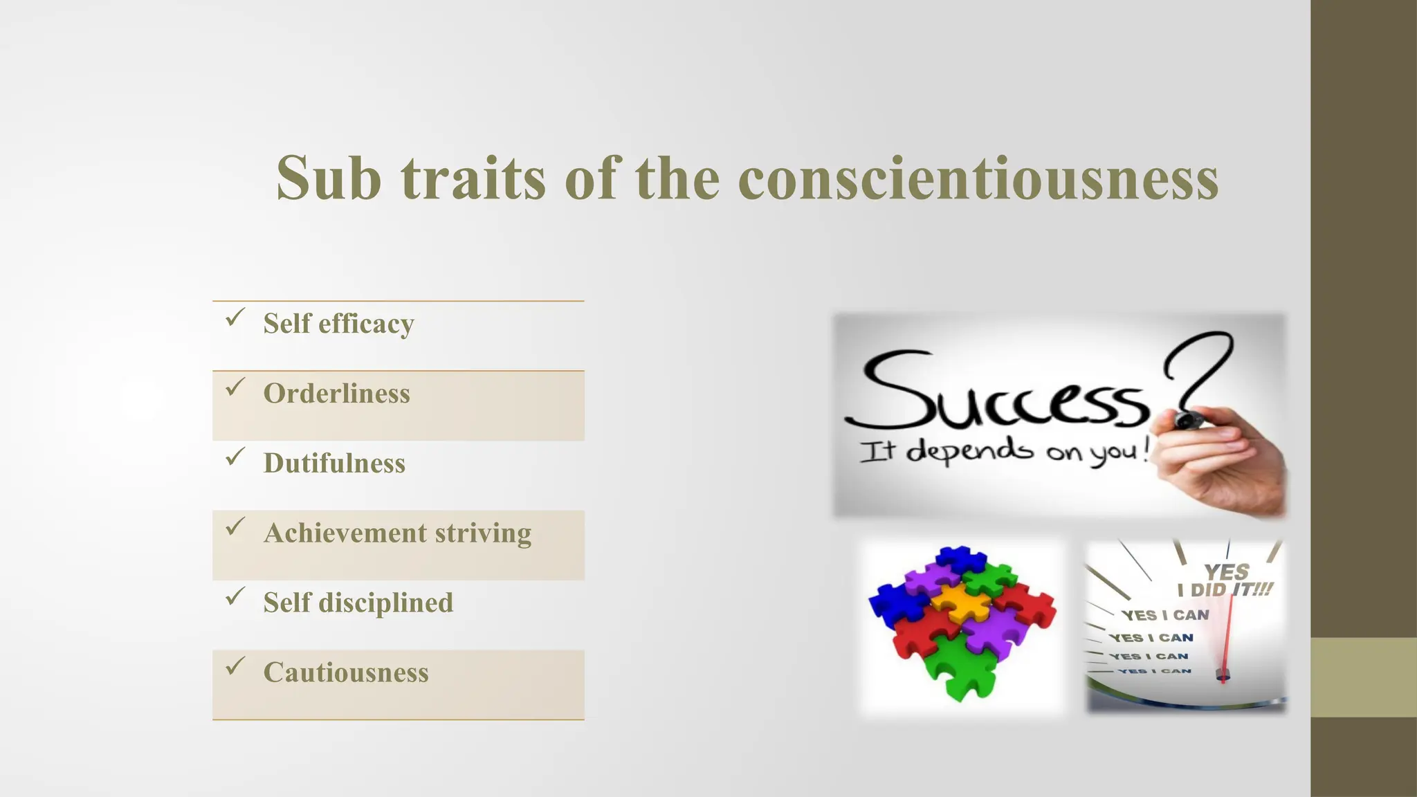 Sub traits of the conscientiousness
 Self efficacy
 Orderliness
 Dutifulness
 Achievement striving
 Self disciplined
 Cautiousness
 