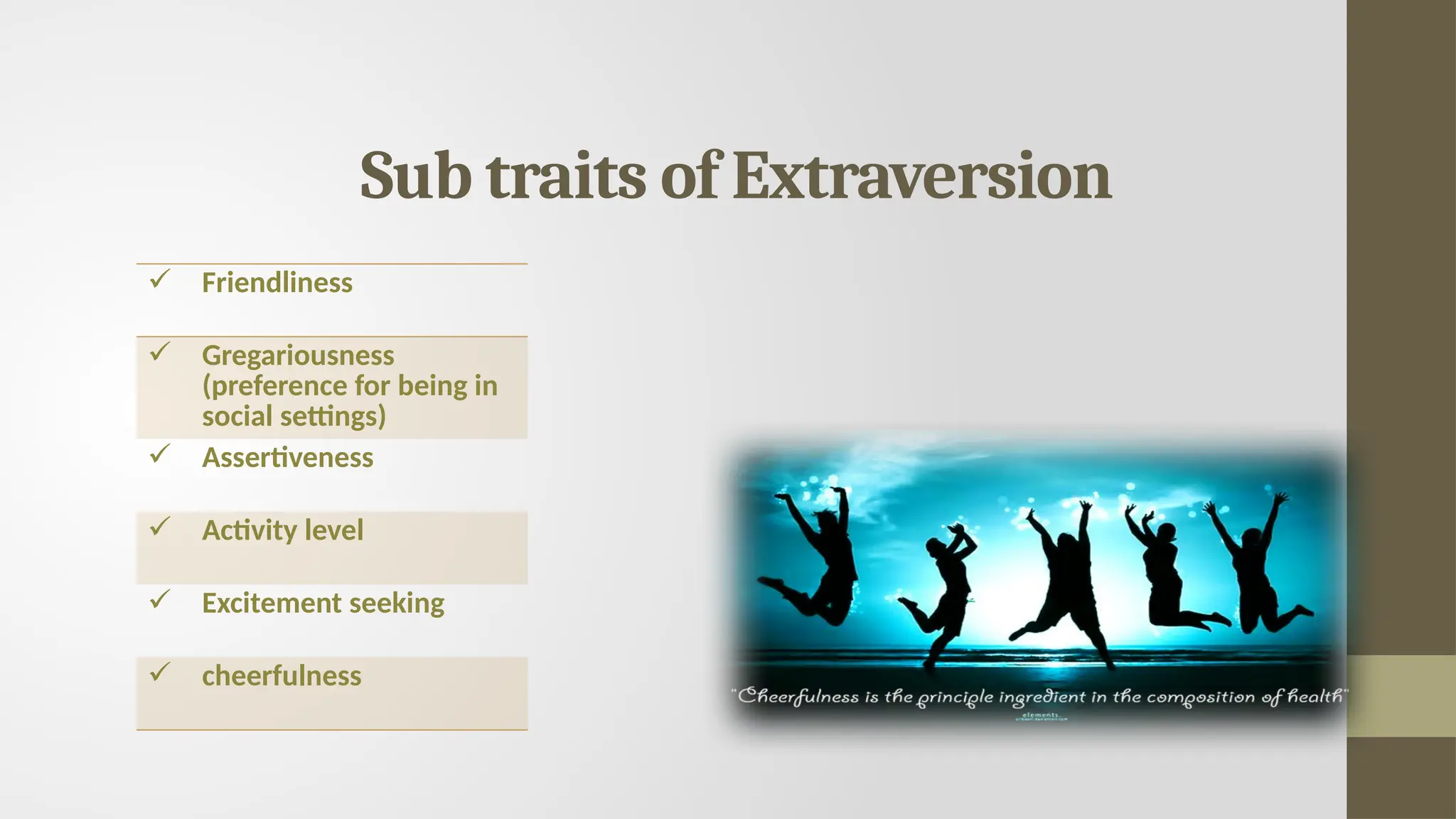 Sub traits of Extraversion
 Friendliness
 Gregariousness
(preference for being in
social settings)
 Assertiveness
 Activity level
 Excitement seeking
 cheerfulness
 