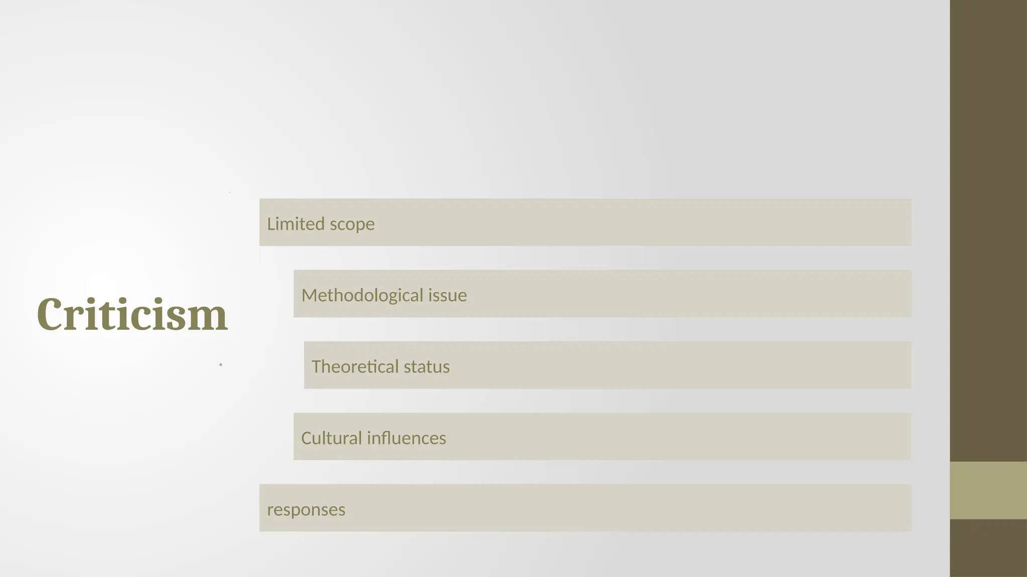 Criticism
Limited scope
Methodological issue
Theoretical status
Cultural influences
responses
 