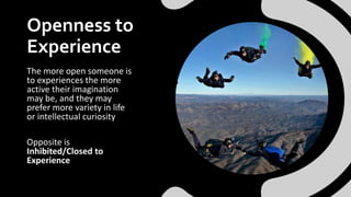 Openness to
Experience
The more open someone is
to experiences the more
active their imagination
may be, and they may
pref...
