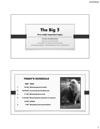 2/19/2016
1
The Big 5
Five really important topics
SUSAN SCHOENIAN
SHEEP & GOAT SPECIALIST
UNIVERSITY OF MARYLAND EXTENSION
SSCHOEN@UMD.EDU – SHEEPANDGOAT.COM – WORMX.INFO
TODAY’S SCHEDULE
TIME TOPIC
1 10 AM Maintaining hoof health
2 10:30 AM Increasing the birthing rate
3 11 AM Minimizing feed costs
4 11:30 AM Maximizing the potential of orphans
12 PM LUNCH
5 1 PM Managing internal parasitism
 