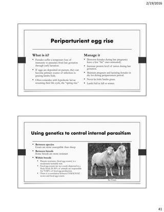 2/19/2016
41
Periparturient egg rise
What is it?
• Females suffer a temporary loss of
immunity to parasites from late gest...