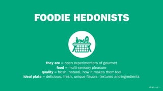 FOODIE HEDONISTS
they are = open experimenters of gourmet
food = multi-sensory pleasure
quality = fresh, natural, how it m...