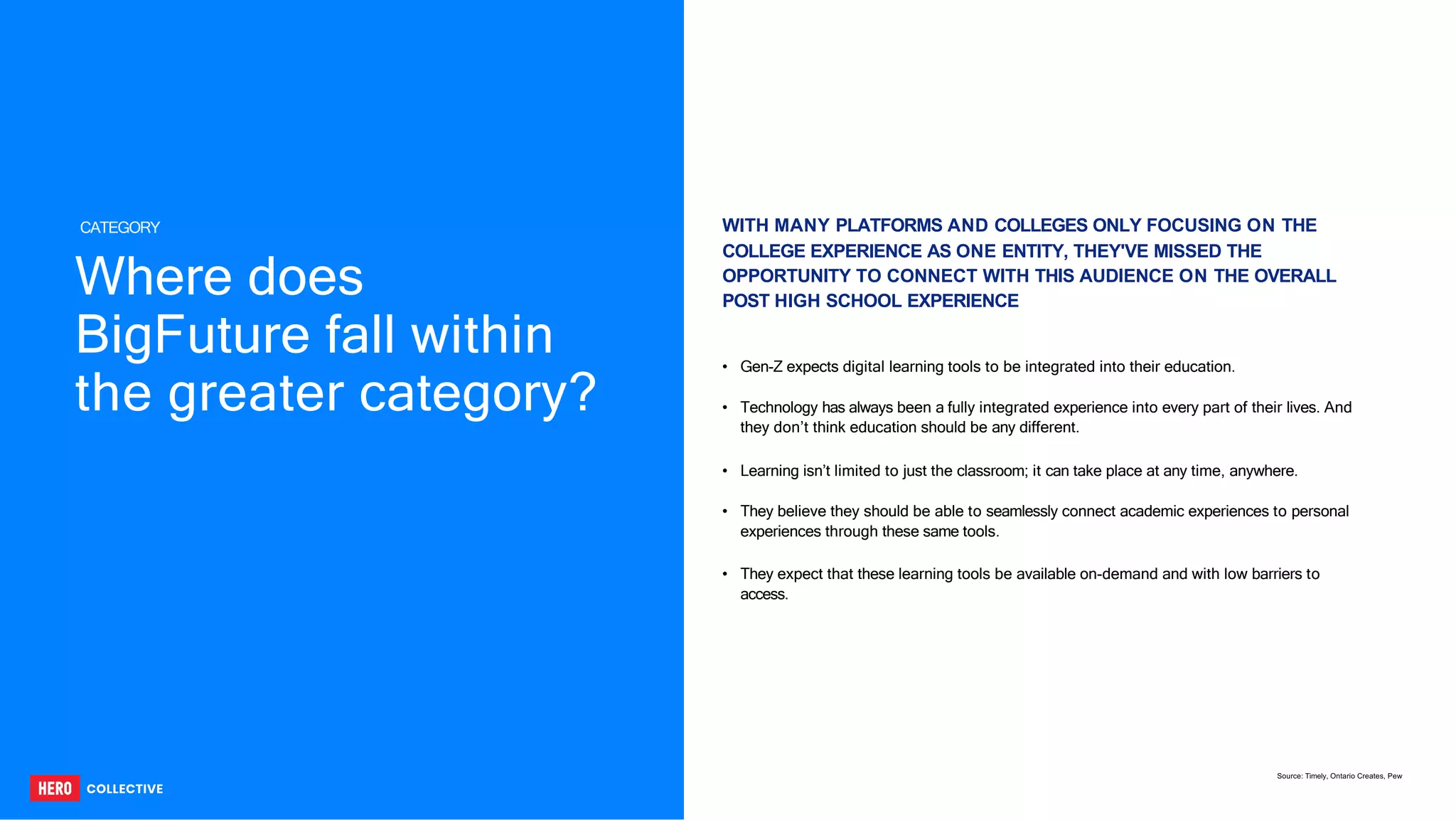 WITH MANY PLATFORMS AND COLLEGES ONLY FOCUSING ON THE
COLLEGE EXPERIENCE AS ONE ENTITY, THEY'VE MISSED THE
OPPORTUNITY TO CONNECT WITH THIS AUDIENCE ON THE OVERALL
POST HIGH SCHOOL EXPERIENCE
• Gen-Z expects digital learning tools to be integrated into their education.
• Technology has always been a fully integrated experience into every part of their lives. And
they don’t think education should be any different.
• Learning isn’t limited to just the classroom; it can take place at any time, anywhere.
• They believe they should be able to seamlessly connect academic experiences to personal
experiences through these same tools.
• They expect that these learning tools be available on-demand and with low barriers to
access.
Source: Timely, Ontario Creates, Pew
CATEGORY
Where does
BigFuture fall within
the greater category?
 