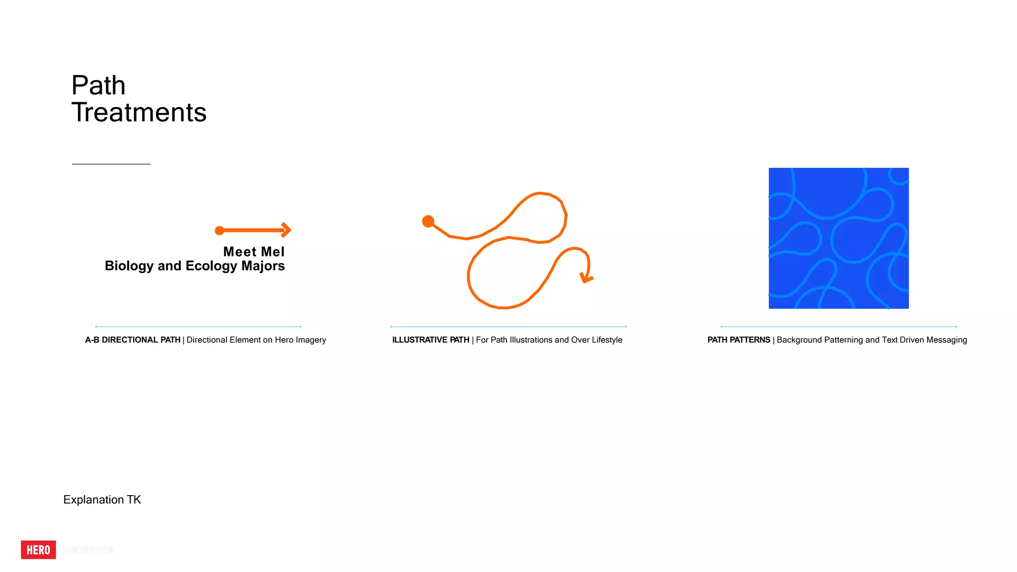Path
Treatments
Explanation TK
ILLUSTRATIVE P
ATH | For Path Illustrations and Over Lifestyle
A-B DIRECTIONAL PATH | Directional Element on Hero Imagery PATH PATTERNS | Background Patterning and Text Driven Messaging
Meet Mel
Biology and Ecology Majors
 