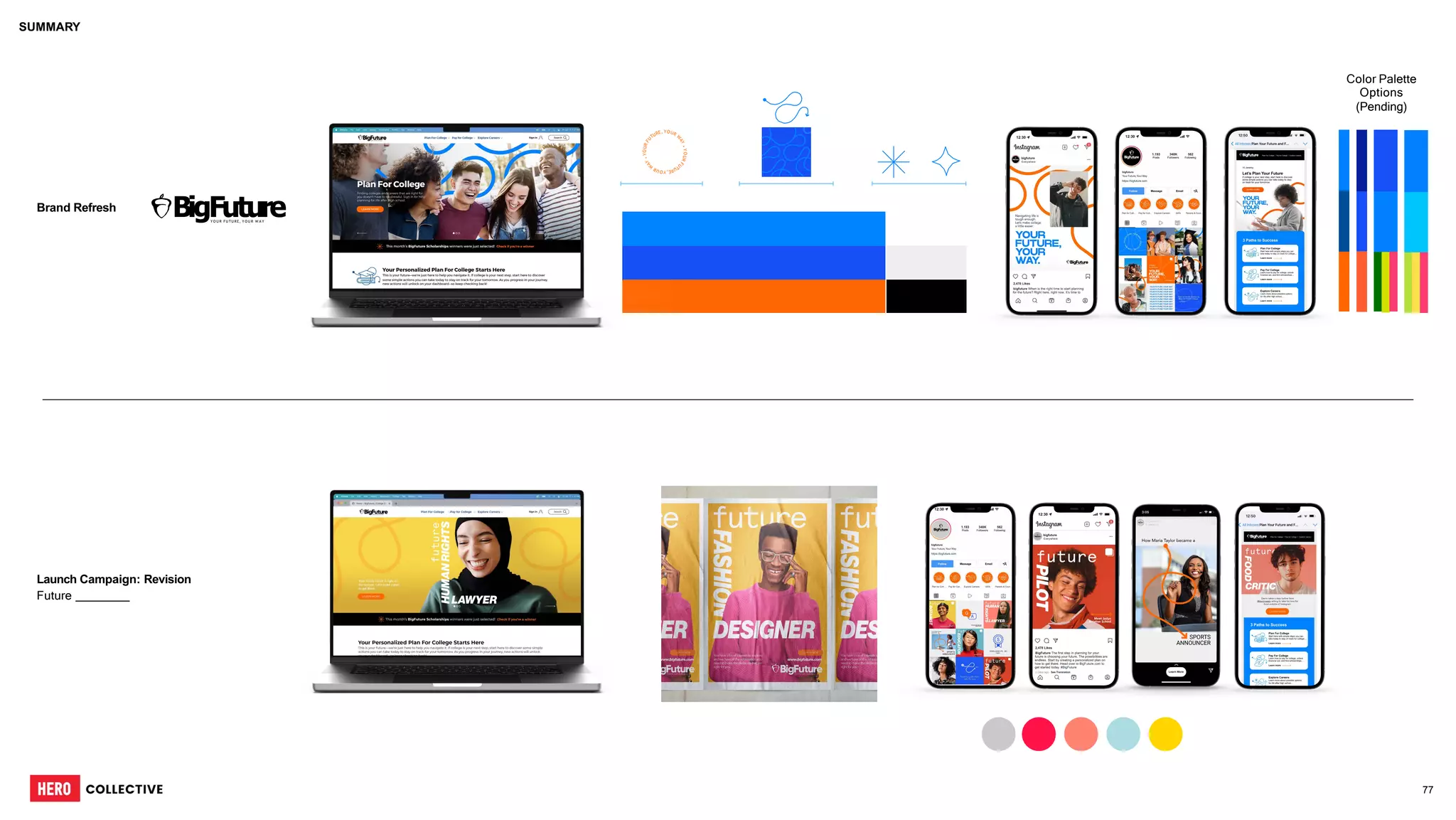77
BigFuture
Y O U R FUTURE, Y O U R W A Y
SUMMARY
Brand Refresh
Launch Campaign: Revision
Future
Y
O
U
R
F
U
T
U
R
E
,
Y
O
U
R
W
A
Y
•
Y
O
U
R
F
U
TURE, YOUR
W
A
Y
•
Color Palette
Options
(Pending)
 
