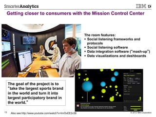 Getting closer to consumers with the Mission Control Center



                                                            The room features:
                                                            §  Social listening frameworks and
                                                                protocols
                                                            §  Social listening software
                                                            §  Data integration software (“mash-up”)
                                                            §  Data visualizations and dashboards




     The goal of the project is to
     “take the largest sports brand
     in the world and turn it into
     largest participatory brand in
     the world.”

13    Also see http://www.youtube.com/watch?v=InrOvEE2v38                               © 2012 IBM Corporation
 
