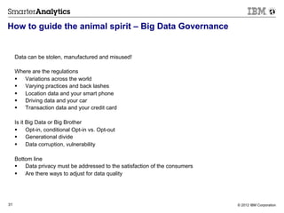 How to guide the animal spirit – Big Data Governance


     Data can be stolen, manufactured and misused!

     Where are the regulations
     §  Variations across the world
     §  Varying practices and back lashes
     §  Location data and your smart phone
     §  Driving data and your car
     §  Transaction data and your credit card

     Is it Big Data or Big Brother
     §  Opt-in, conditional Opt-in vs. Opt-out
     §  Generational divide
     §  Data corruption, vulnerability

     Bottom line
     §  Data privacy must be addressed to the satisfaction of the consumers
     §  Are there ways to adjust for data quality




31                                                                             © 2012 IBM Corporation
 