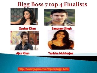 Gauhar Khan

Ajaz Khan

Sangram Singh

Tanisha Mukherjee

http://www.jagran.com/topics/bigg-boss

 