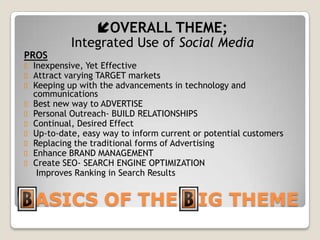 BASICS OF THE BIG THEMEOVERALL THEME;Integrated Use of Social MediaPROSInexpensive, Yet Effective