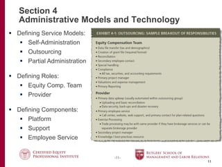 -11-
Section 4
Administrative Models and Technology
11
 Defining Service Models:
 Self-Administration
 Outsourcing
 Partial Administration
 Defining Roles:
 Equity Comp. Team
 Provider
 Defining Components:
 Platform
 Support
 Employee Service
 