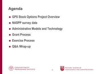 -2-
 GPS Stock Options Project Overview
 NASPP survey data
 Administrative Models and Technology
 Grant Process
 Exercise Process
 Q&A /Wrap-up
Agenda
 