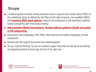 -4-
Scope
 Limited to grants of at-the-money (exercise price is equal to fair market value (FMV) of
the underlying stock as defined by the Plan on the date of grant), non-qualified (NSO)
and incentive (ISO) stock options made to US employees of US-domiciled, publicly-
traded companies with time-based vesting.
 Administrative Model Assumptions: Hosted software platform (SaaS) and partial
or full outsourcing
 Exclusions: non-employees, IRC 409A, international and mobile employees, private
companies
 Started with the original document and added/updated
 So you may be thinking “so you’ve created a paper document to talk about something
we stopped granting 5 years ago and you’d be right, but…”
 